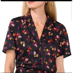 Halogen Womens Plus Size Floral Camp Shirt Size 1X  Short Sleeve Satin Sheen